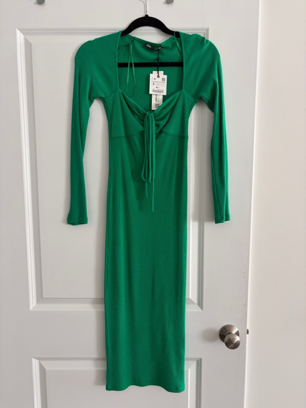 Zara Emerald Green Ribbed Long-Sleeve Tie-Front Midi Dress